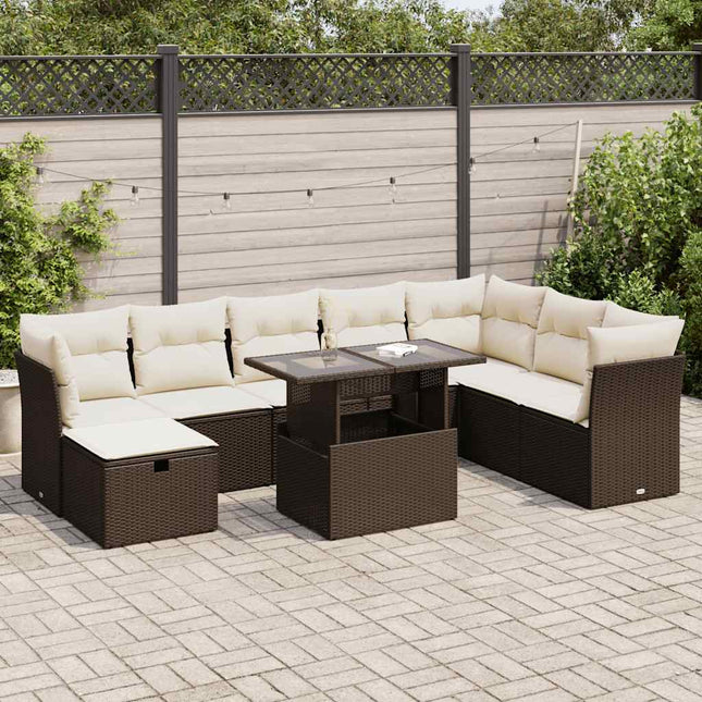 9-delige Loungeset met kussens poly rattan bruin