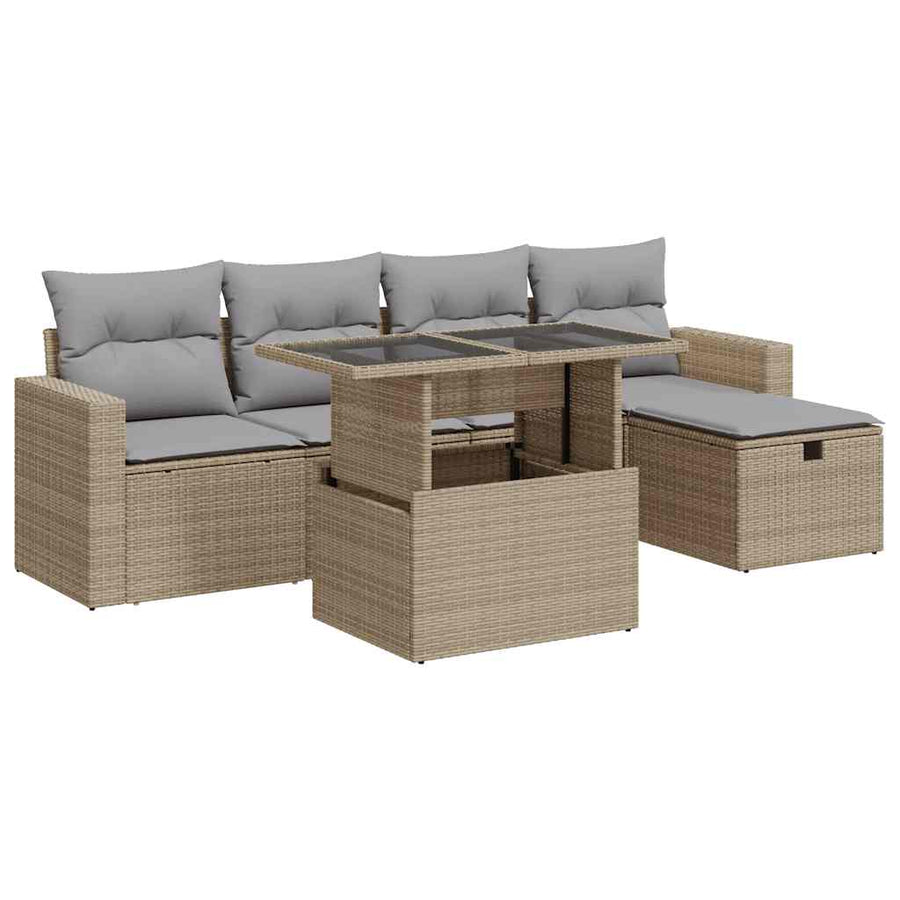 6-delige Loungeset met kussens poly rattan beige