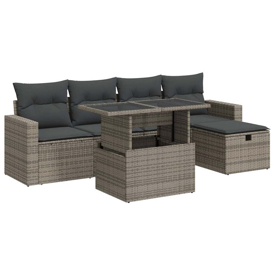 6-delige Loungeset met kussens poly rattan grijs