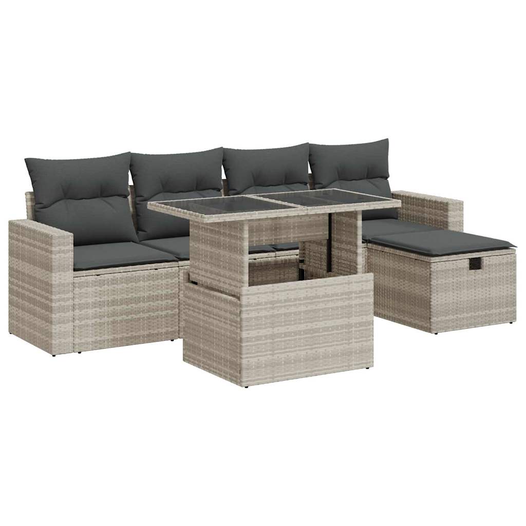 6-delige Loungeset met kussens poly rattan lichtgrijs