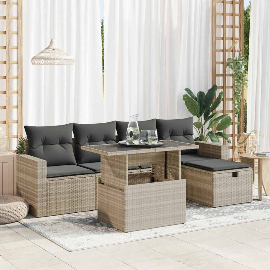 6-delige Loungeset met kussens poly rattan lichtgrijs