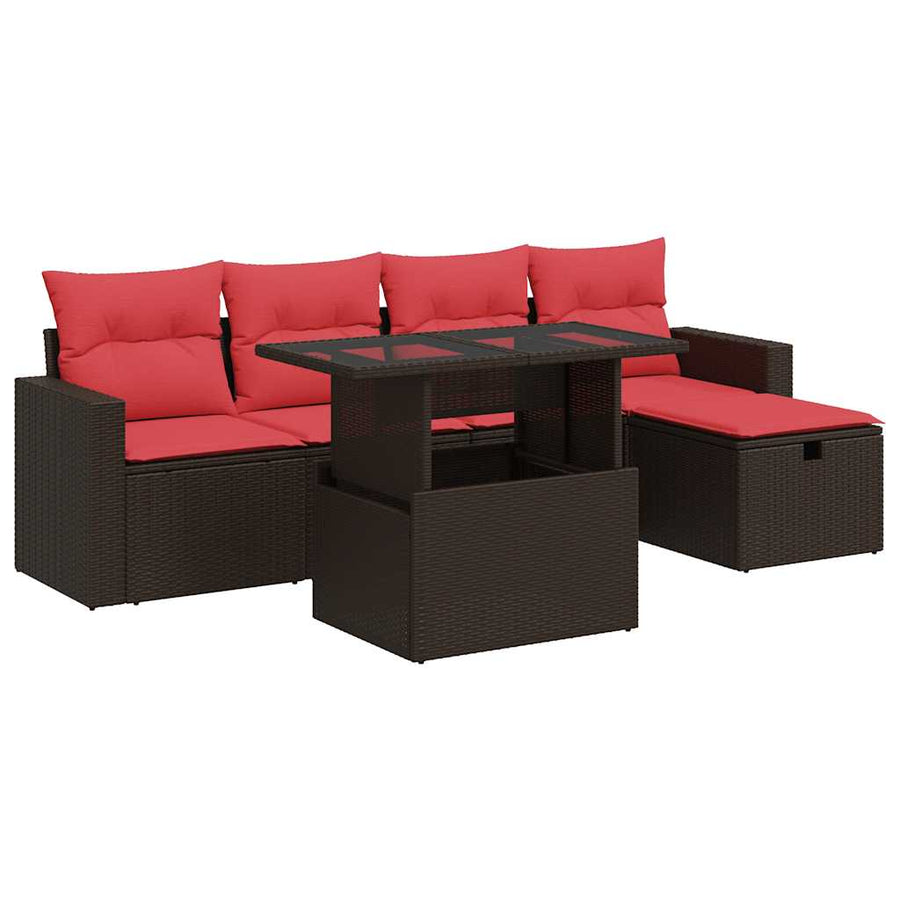 6-delige Loungeset met kussens poly rattan acacia zwart