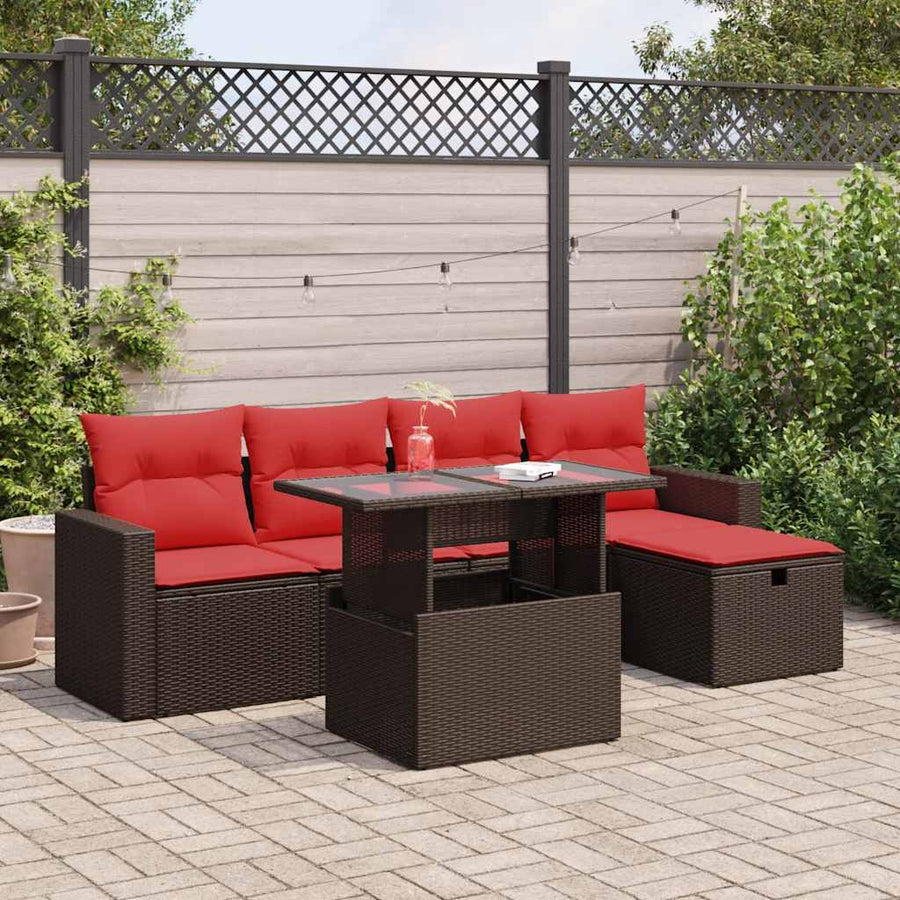 6-delige Loungeset met kussens poly rattan acacia zwart