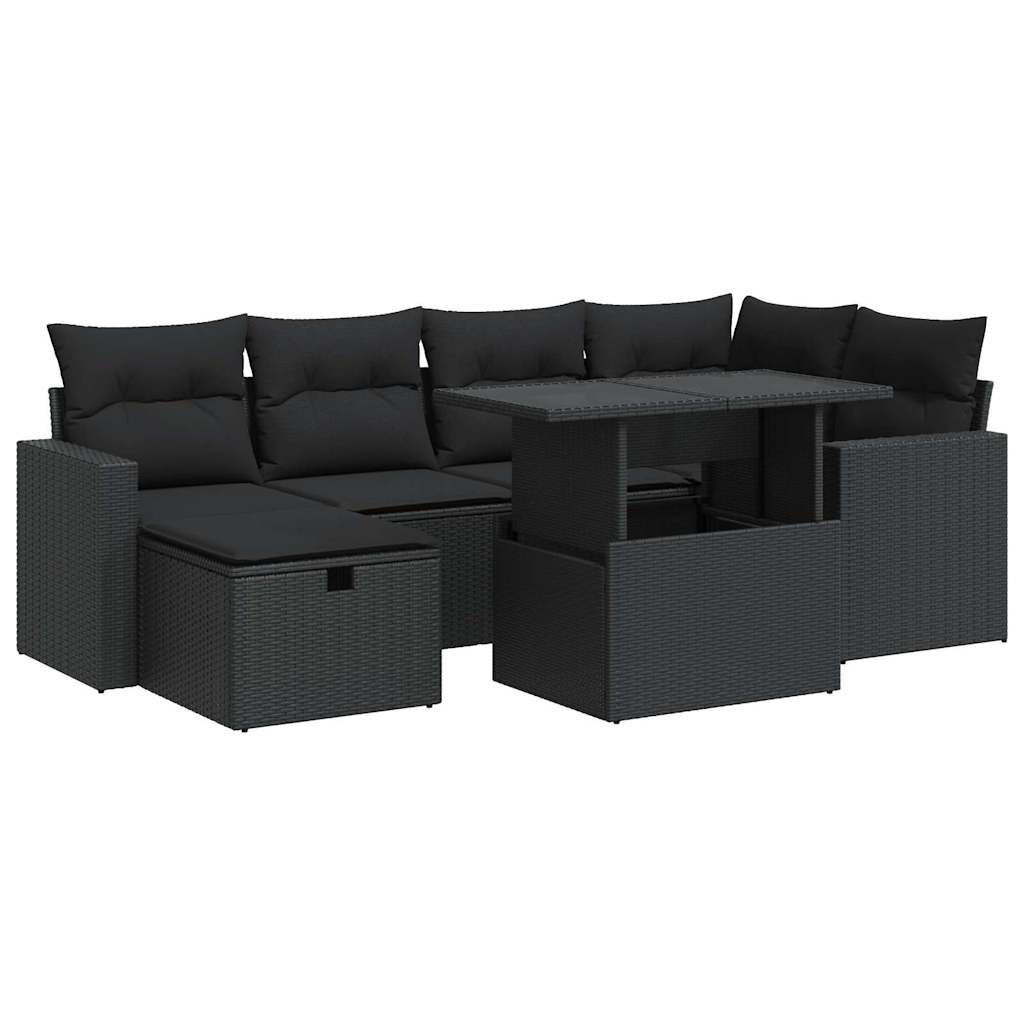 7-delige Loungeset met kussens poly rattan zwart