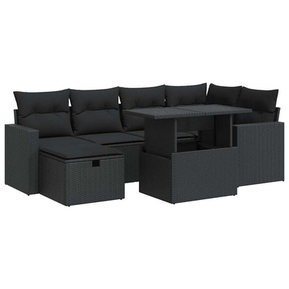7-delige Loungeset met kussens poly rattan zwart