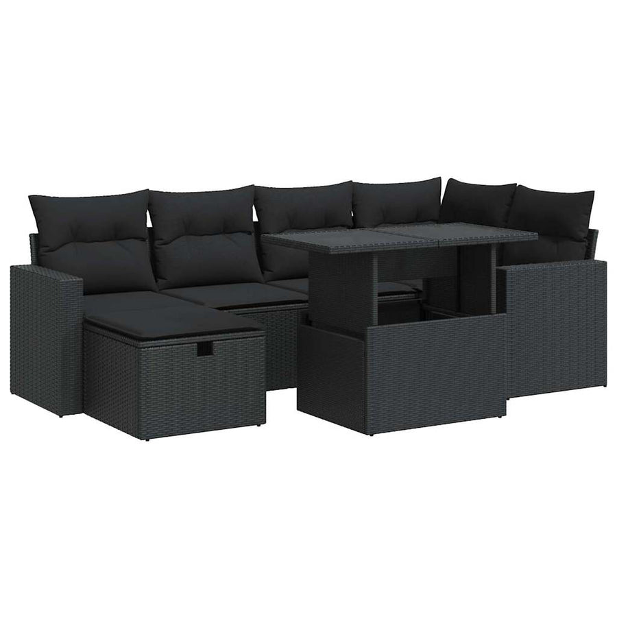 7-delige Loungeset met kussens poly rattan zwart