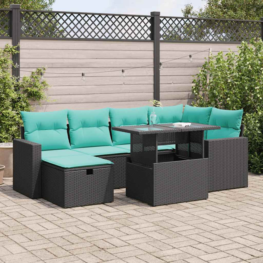 7-delige Loungeset met kussens poly rattan acacia grijs