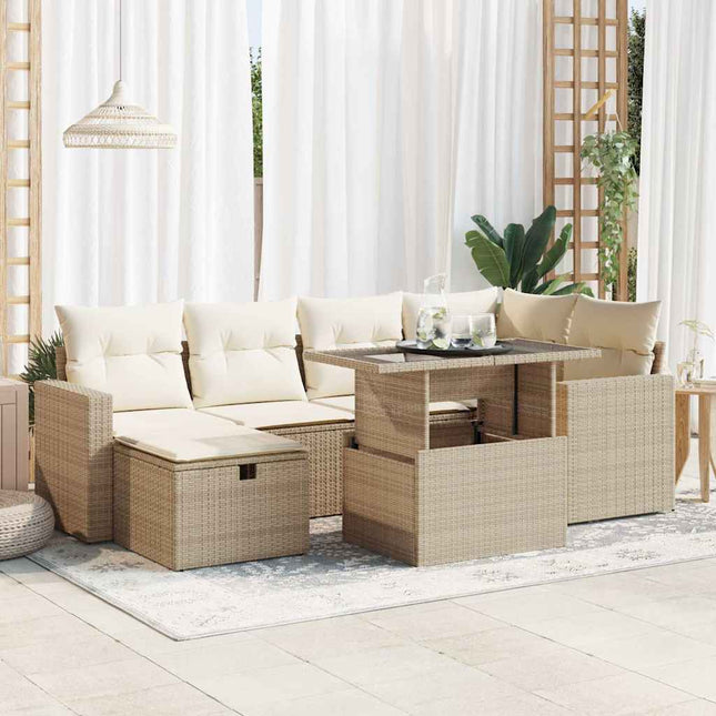 7-delige Loungeset met kussens poly rattan beige