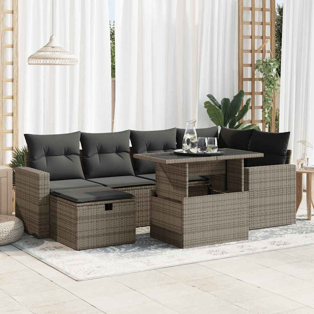 7-delige Loungeset met kussens poly rattan grijs