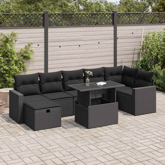 8-delige Loungeset met kussens poly rattan zwart