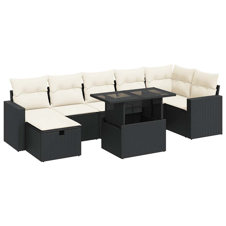 8-delige Loungeset met kussens poly rattan zwart