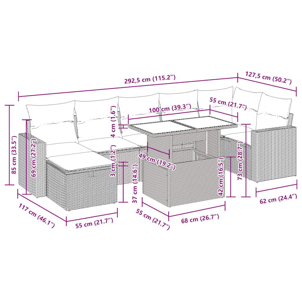 8-delige Loungeset met kussens poly rattan zwart