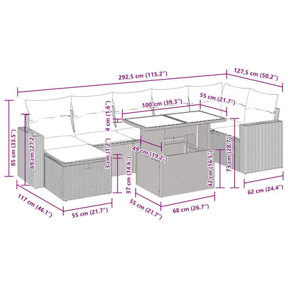 8-delige Loungeset met kussens poly rattan zwart