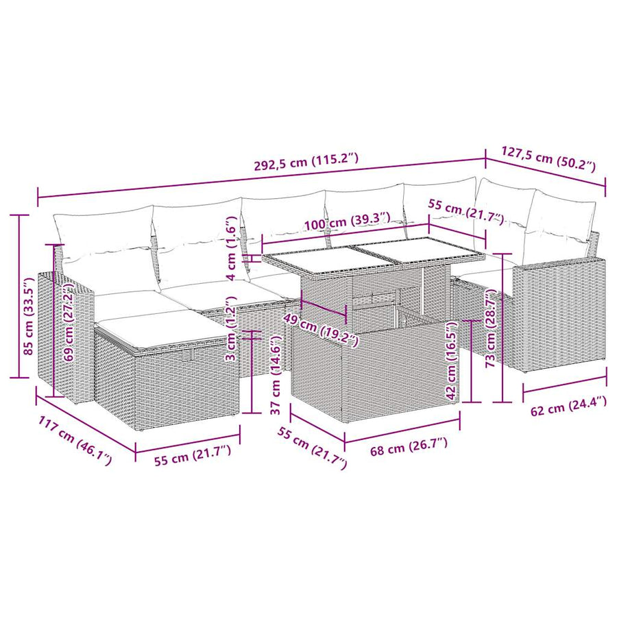 8-delige Loungeset met kussens poly rattan zwart