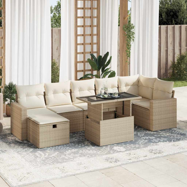 8-delige Loungeset met kussens poly rattan beige