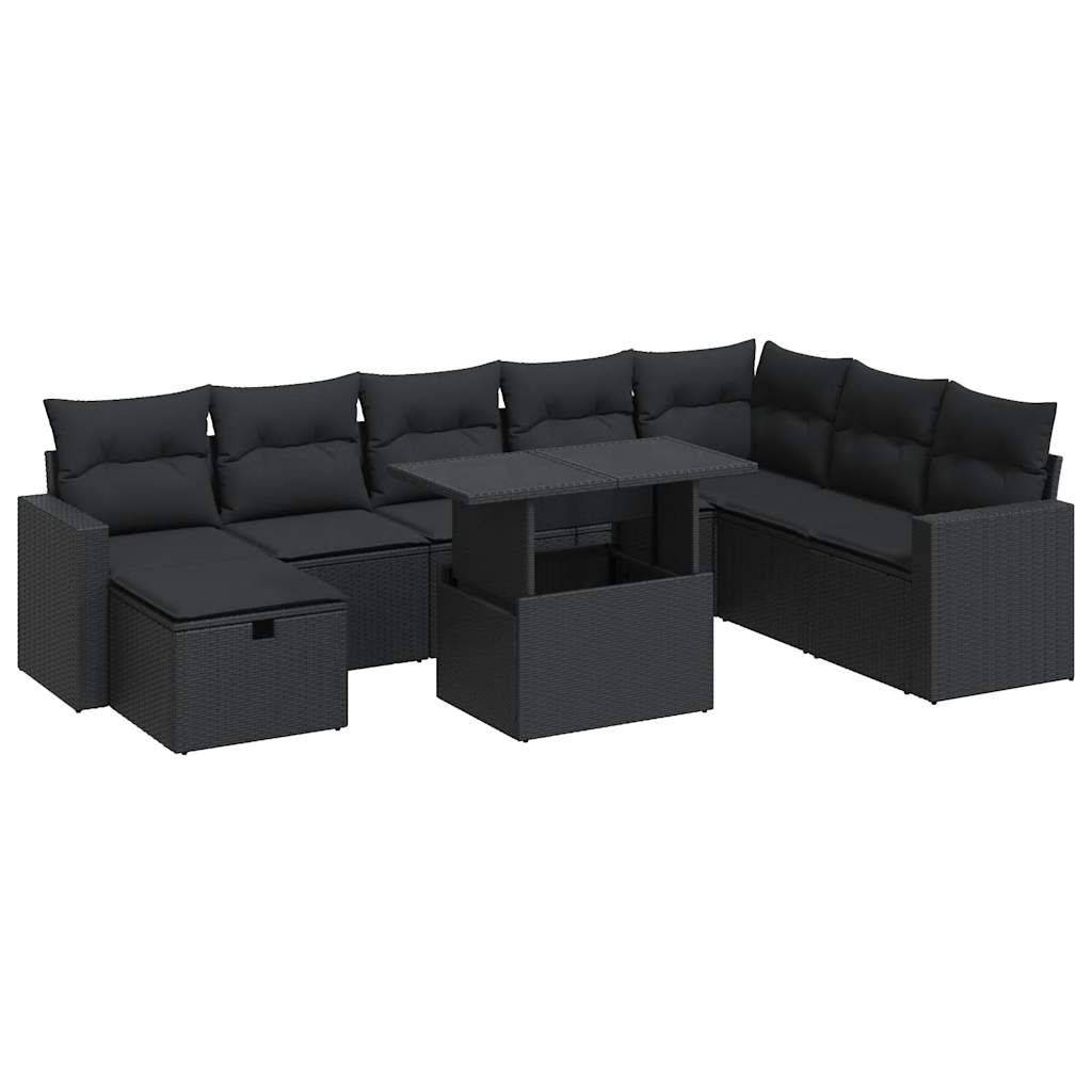 9-delige Loungeset met kussens poly rattan zwart