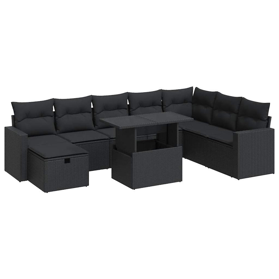 9-delige Loungeset met kussens poly rattan zwart