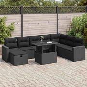 Loungeset 9-delig poly rattan zwart met kussens