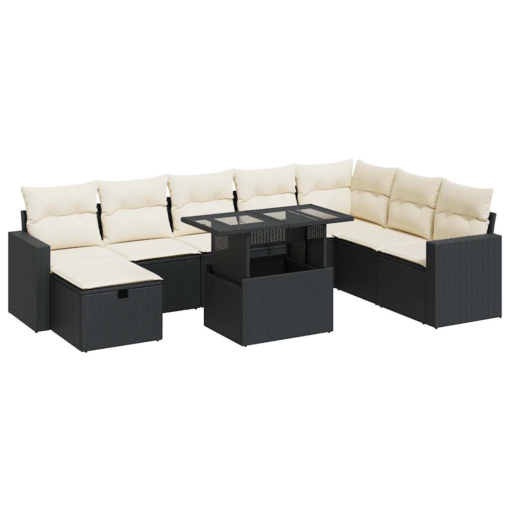 9-delige Loungeset met kussens poly rattan zwart