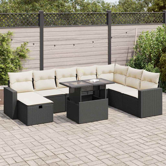 9-delige Loungeset met kussens poly rattan zwart