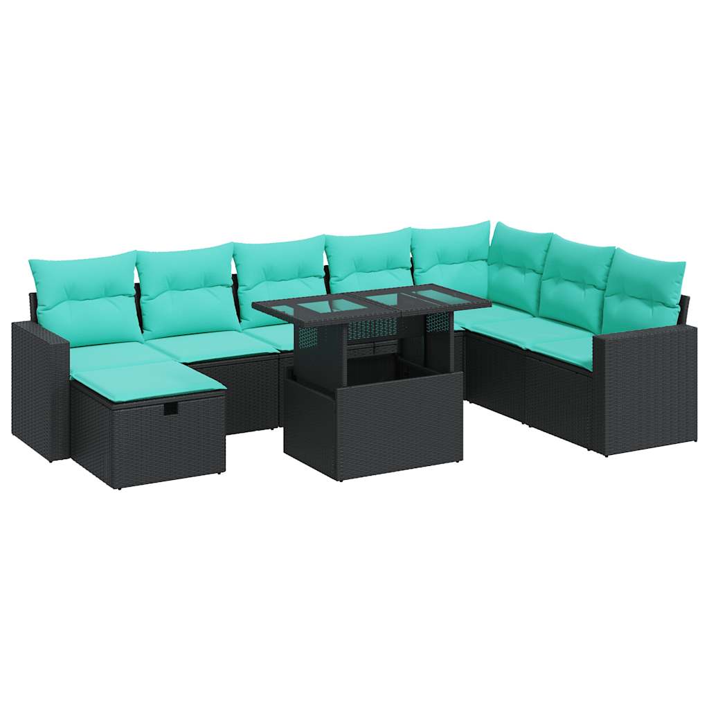 9-delige Loungeset met kussens poly rattan acacia grijs