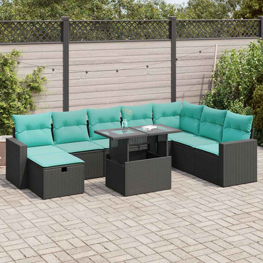 9-delige Loungeset met kussens poly rattan acacia grijs