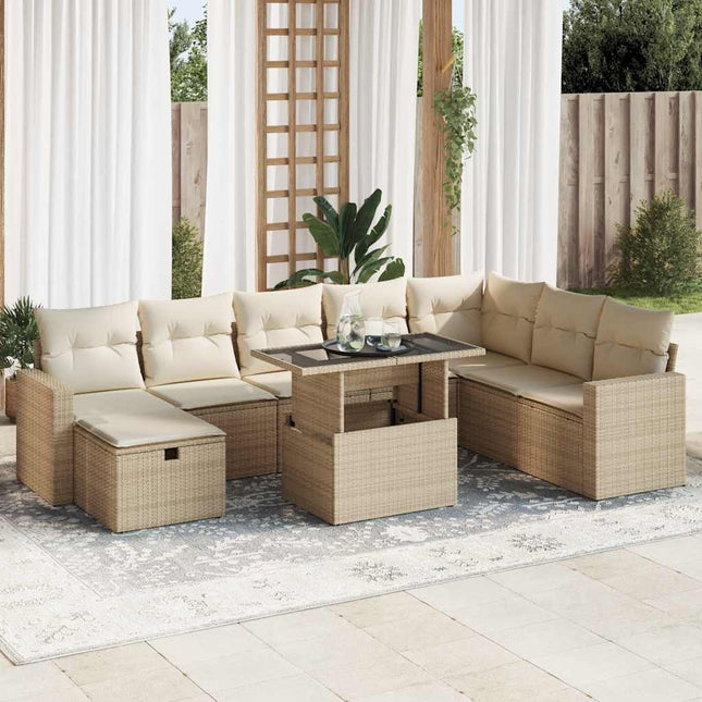 9-delige Loungeset met kussens poly rattan beige