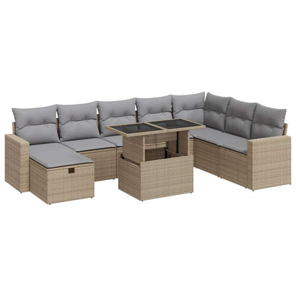 9-delige Loungeset met kussens poly rattan beige