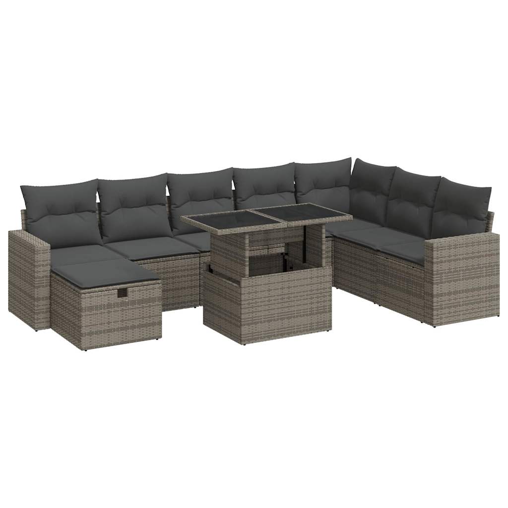 9-delige Loungeset met kussens poly rattan grijs