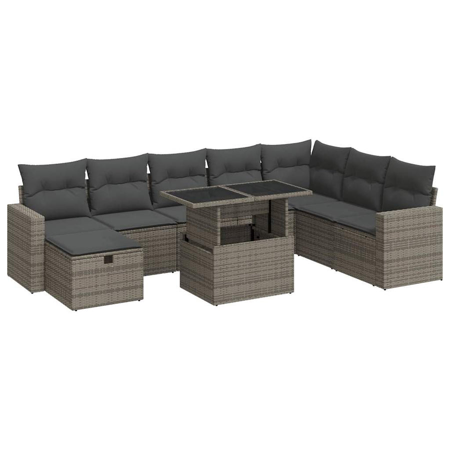 9-delige Loungeset met kussens poly rattan grijs
