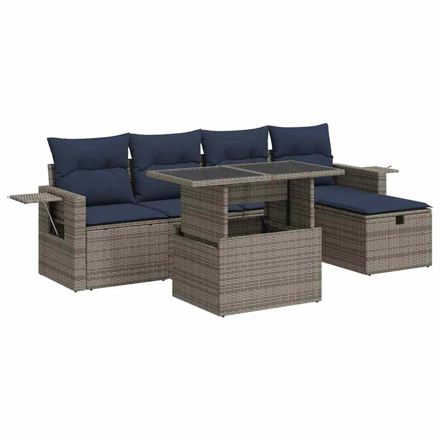 6-delige Loungeset met kussens poly rattan acacia bruin