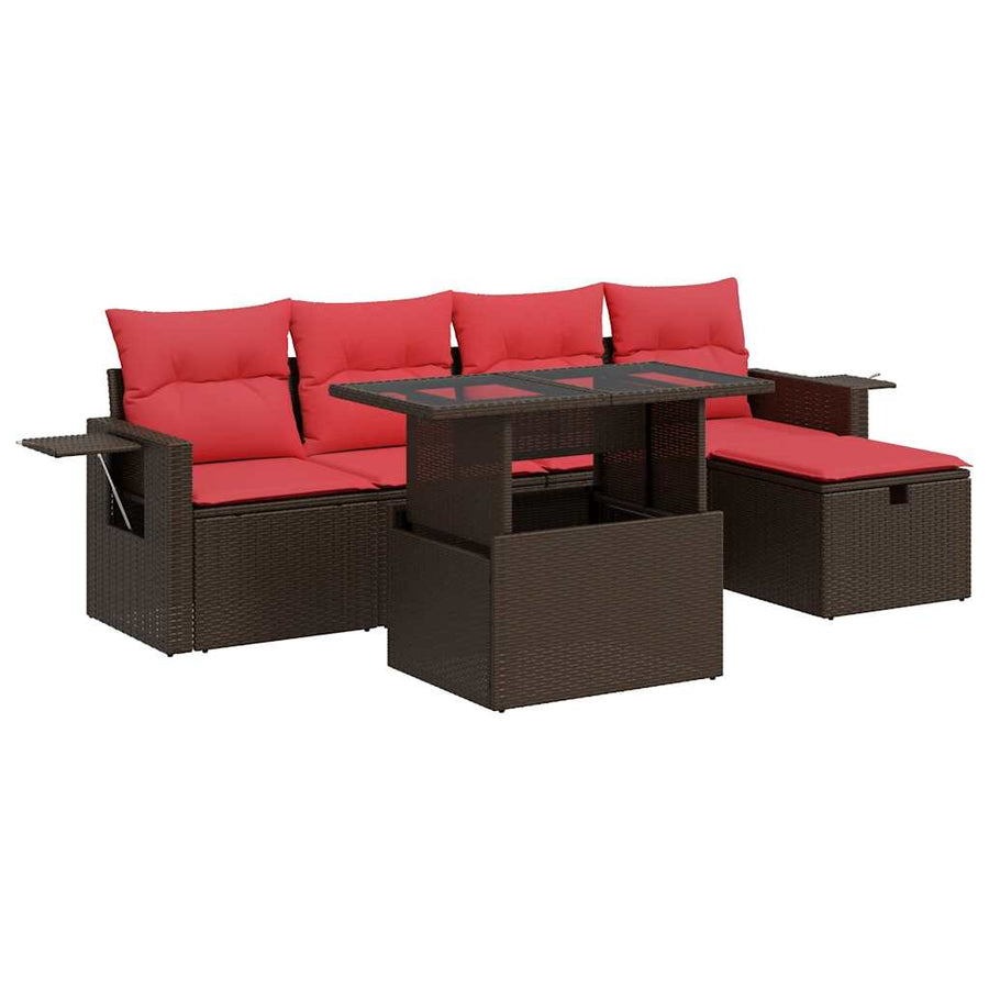 6-delige Loungeset met kussens poly rattan acacia zwart