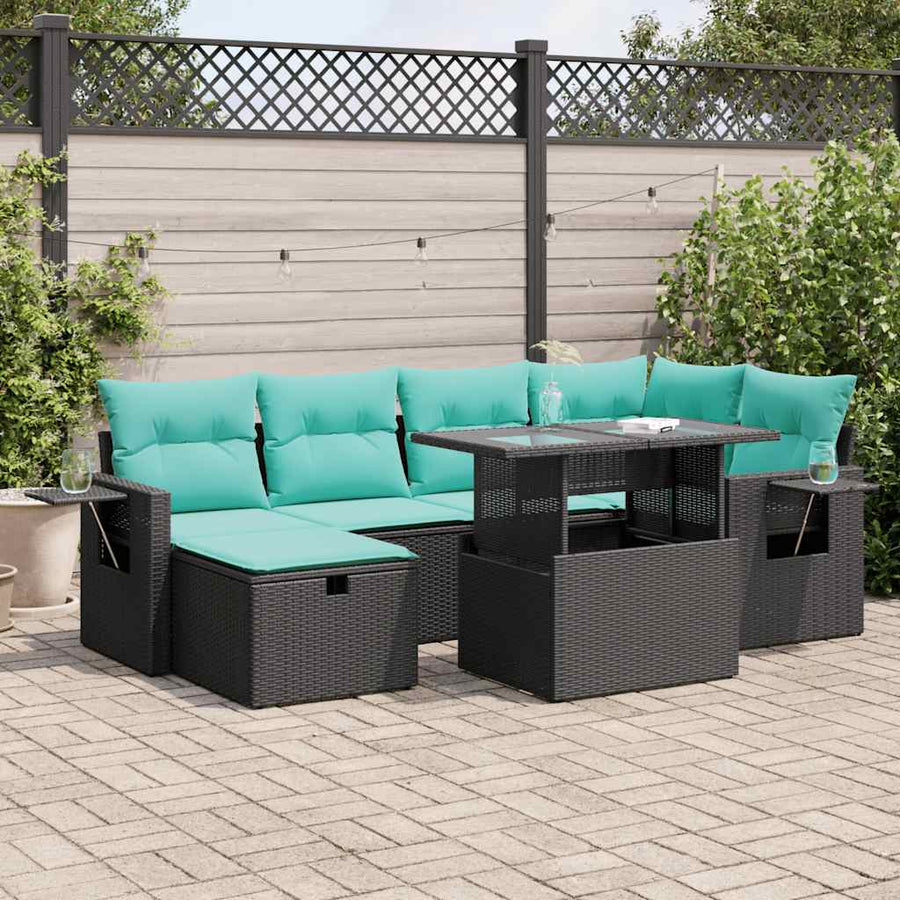 7-delige Loungeset met kussens poly rattan acacia grijs