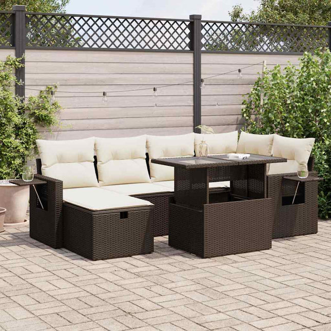 7-delige Loungeset met kussens poly rattan bruin