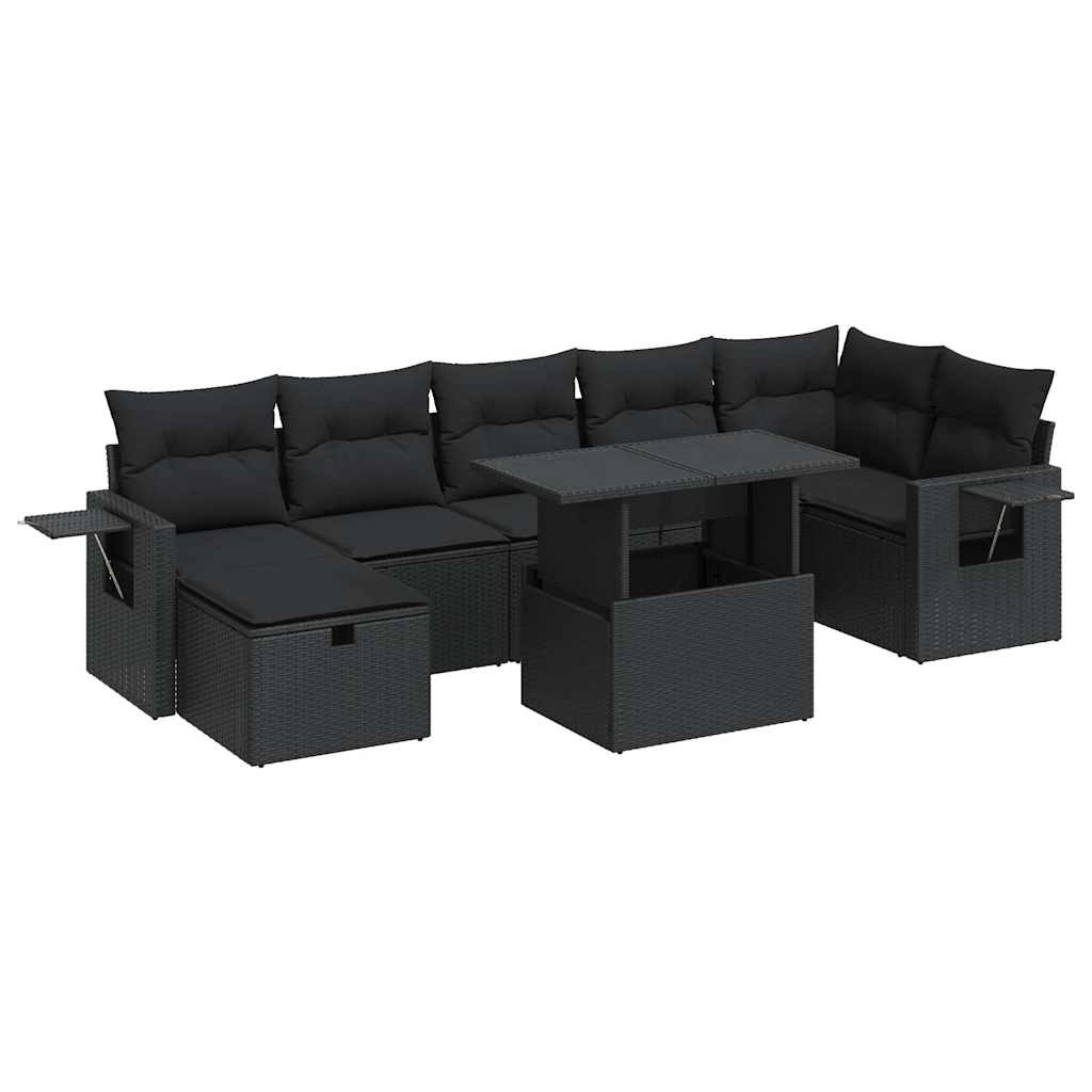 8-delige Loungeset met kussens poly rattan zwart