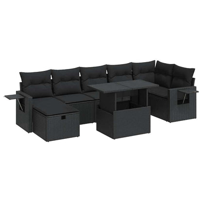 8-delige Loungeset met kussens poly rattan zwart