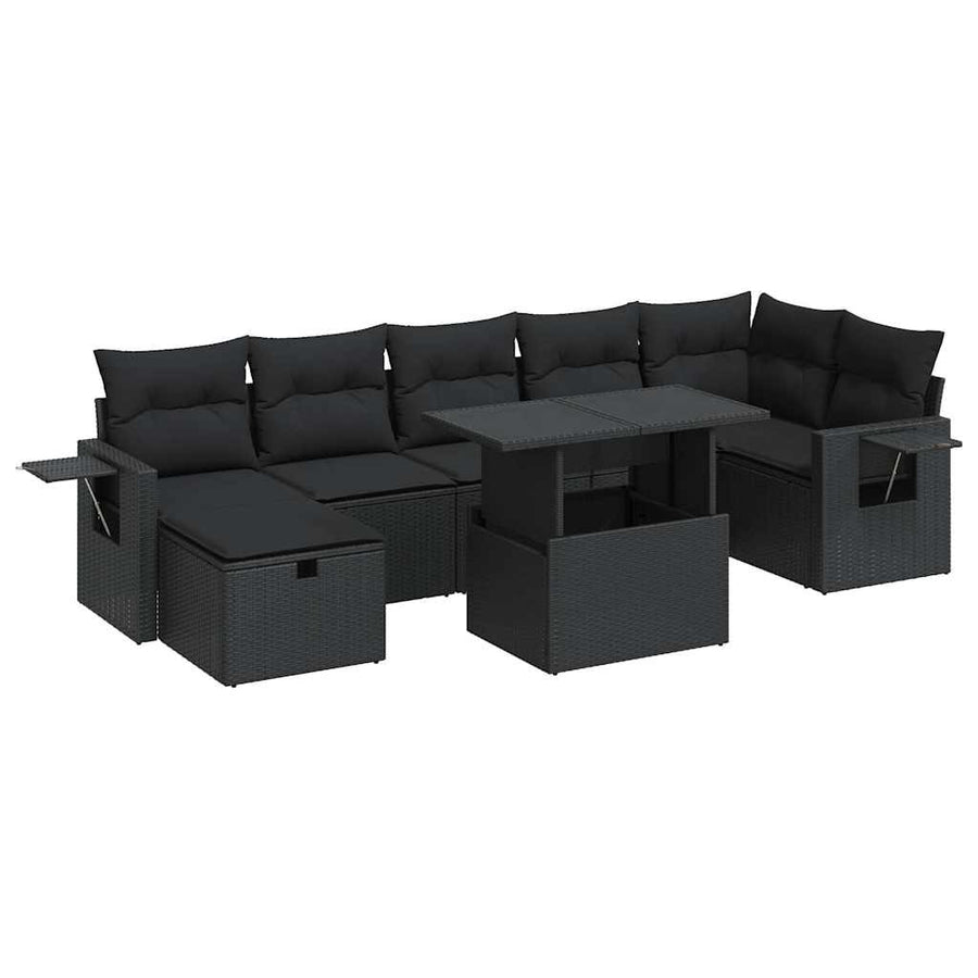 8-delige Loungeset met kussens poly rattan zwart