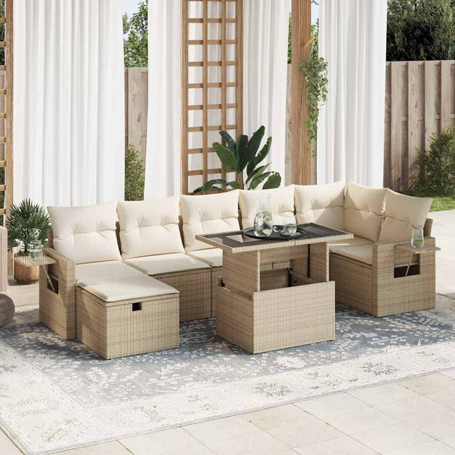 8-delige Loungeset met kussens poly rattan beige