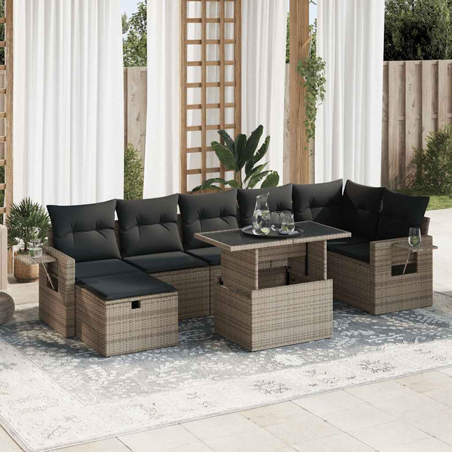 8-delige Loungeset met kussens poly rattan grijs