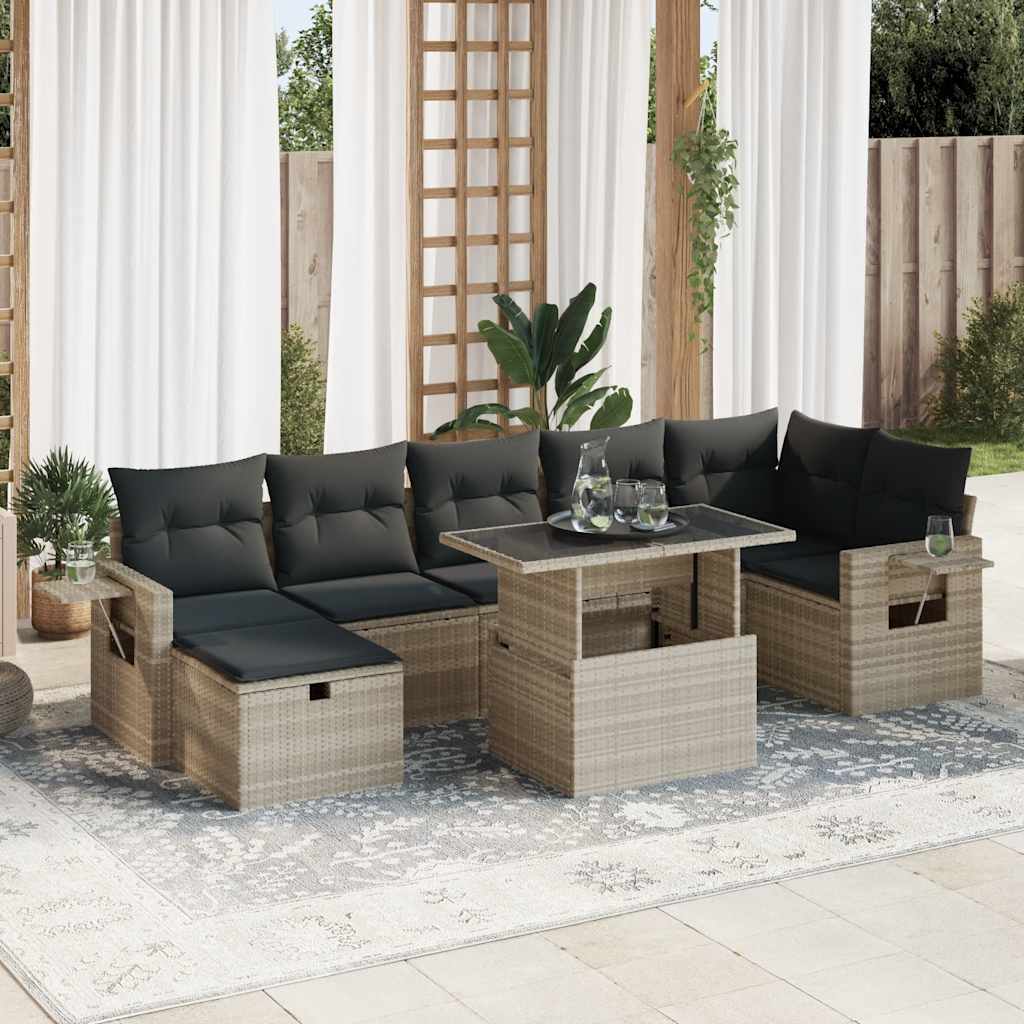 8-delige Loungeset met kussens poly rattan lichtgrijs