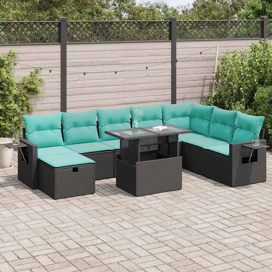9-delige Loungeset met kussens poly rattan acacia grijs