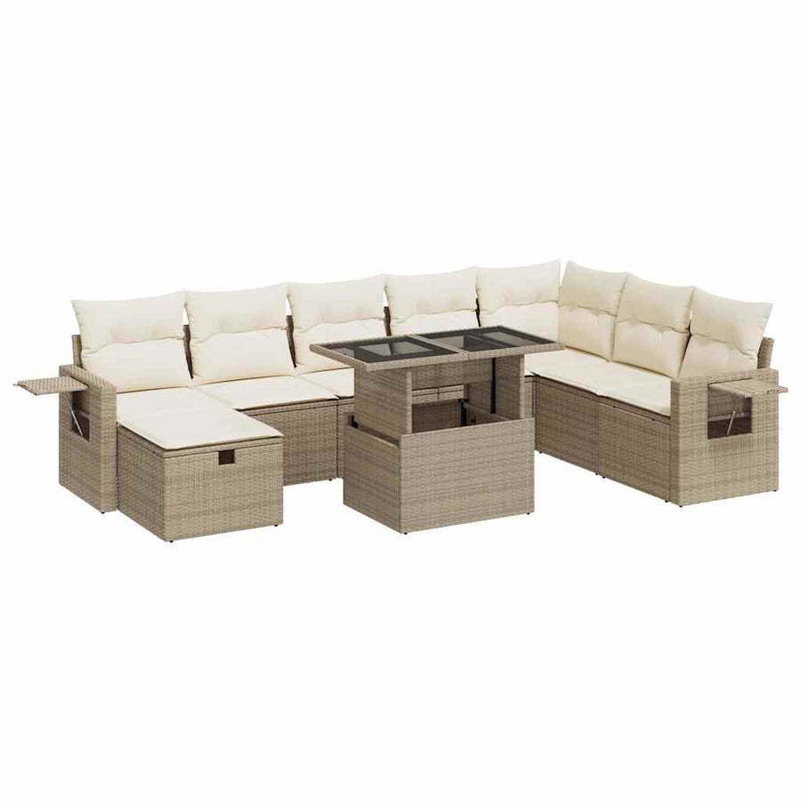 9-delige Loungeset met kussens poly rattan beige