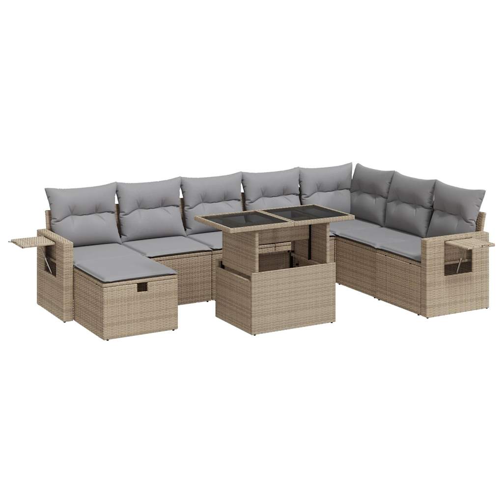 9-delige Loungeset met kussens poly rattan beige