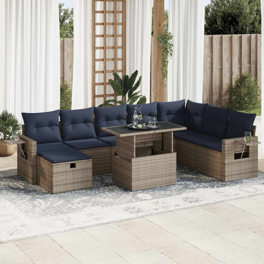 9-delige Loungeset met kussens poly rattan acacia bruin
