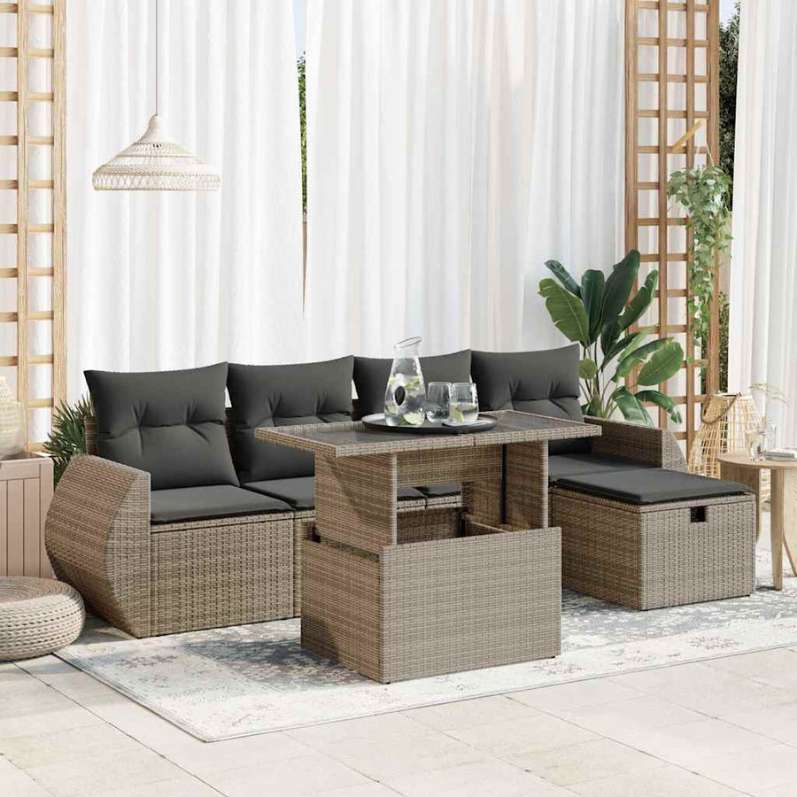 6-delige Loungeset met kussens poly rattan grijs