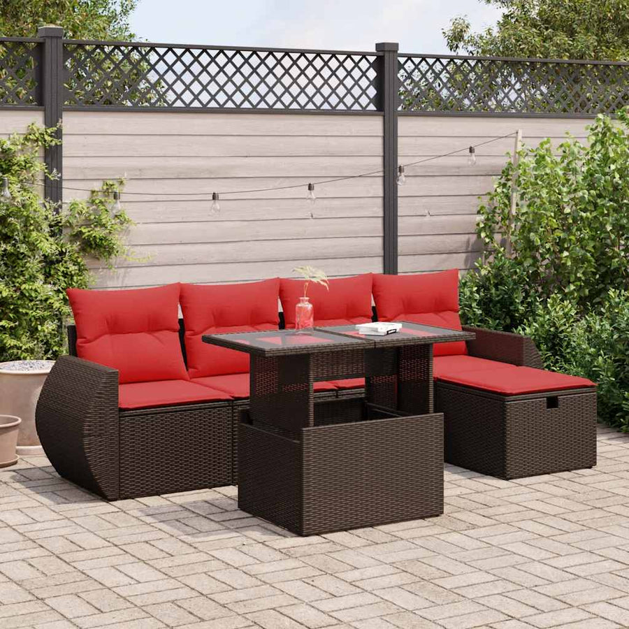6-delige Loungeset met kussens poly rattan acacia zwart