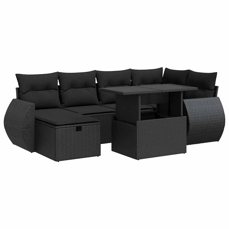 7-delige Loungeset met kussens poly rattan zwart