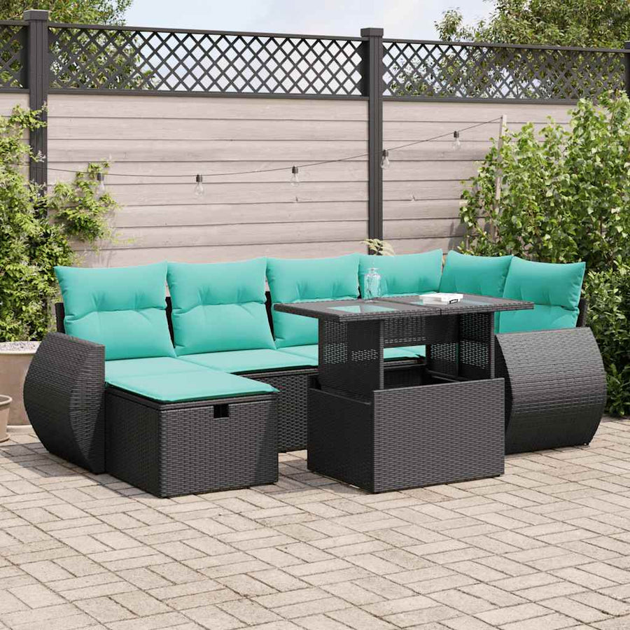 7-delige Loungeset met kussens poly rattan acacia grijs