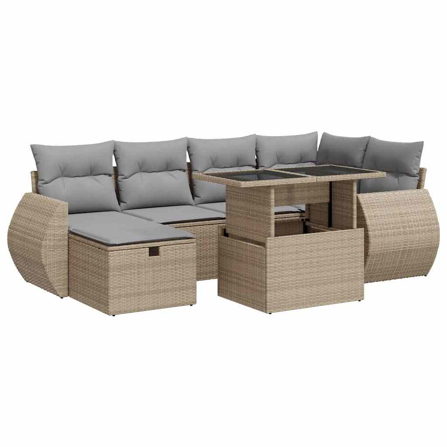 7-delige Loungeset met kussens poly rattan beige