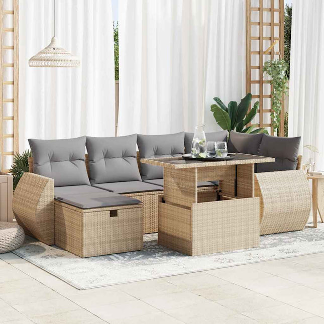 7-delige Loungeset met kussens poly rattan beige